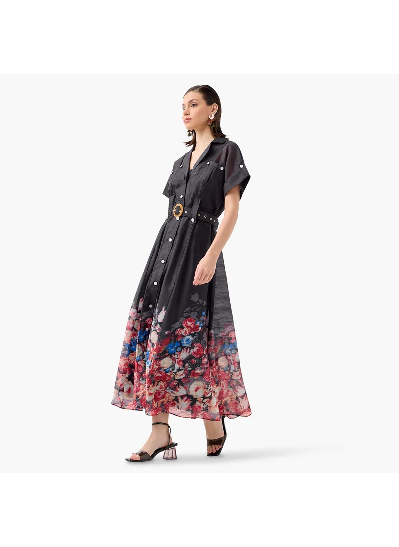تواكستريمز 2Xtremz Floral Print Maxi Dress with Lapel Collar and Short Sleeves