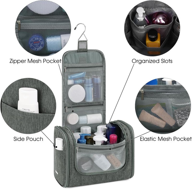 WANDF Large Hanging Toiletry Bag Travel Cosmetic Makeup Organizer Water-Resistant Shower Bathroom Bag for Women and Men (Gray) - Image 3