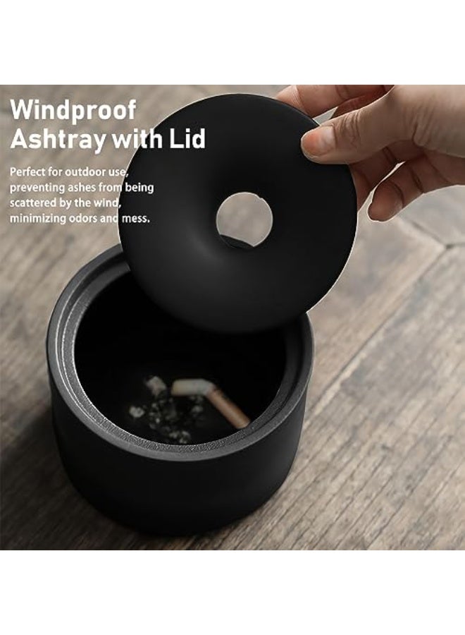 Black Ceramic Windproof Ashtray with Lid, Large Luxury Handmade for Cigars & Cigarettes - Image 4