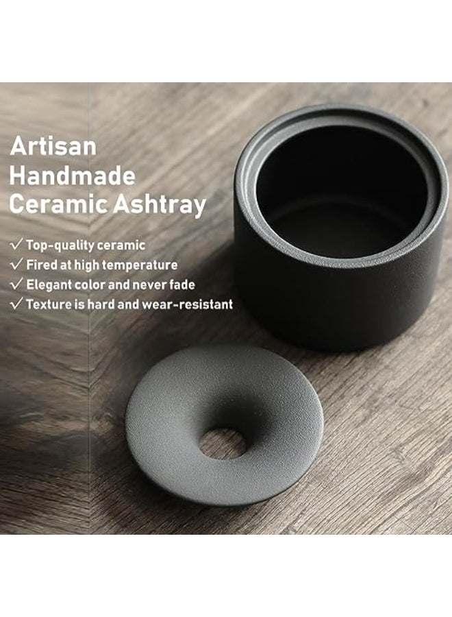 Black Ceramic Windproof Ashtray with Lid, Large Luxury Handmade for Cigars & Cigarettes - Image 3