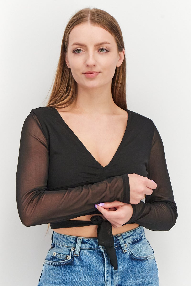 NA-KD بلوزة شبكية ذات ياقة على شكل V بأكمام طويلة للنساء، سوداء - Image 1