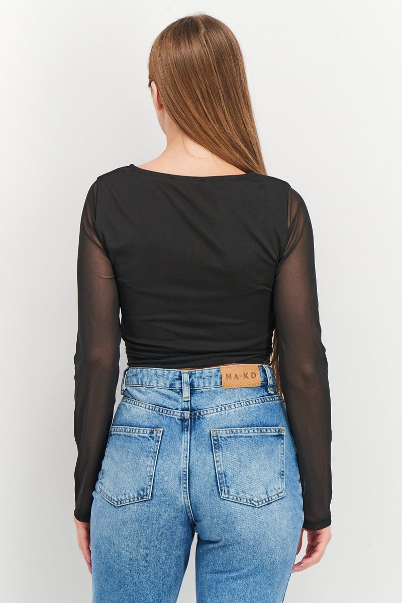 NA-KD بلوزة شبكية ذات ياقة على شكل V بأكمام طويلة للنساء، سوداء - Image 4