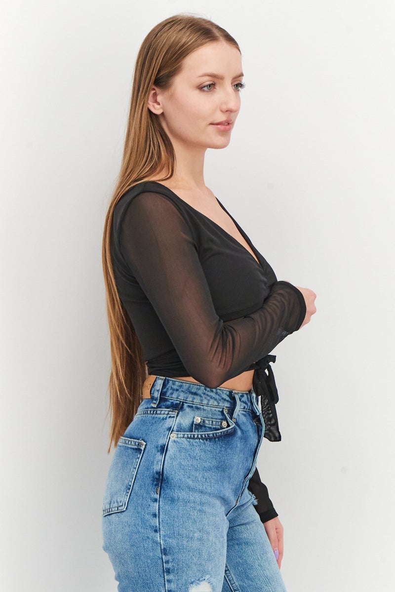 NA-KD بلوزة شبكية ذات ياقة على شكل V بأكمام طويلة للنساء، سوداء - Image 3