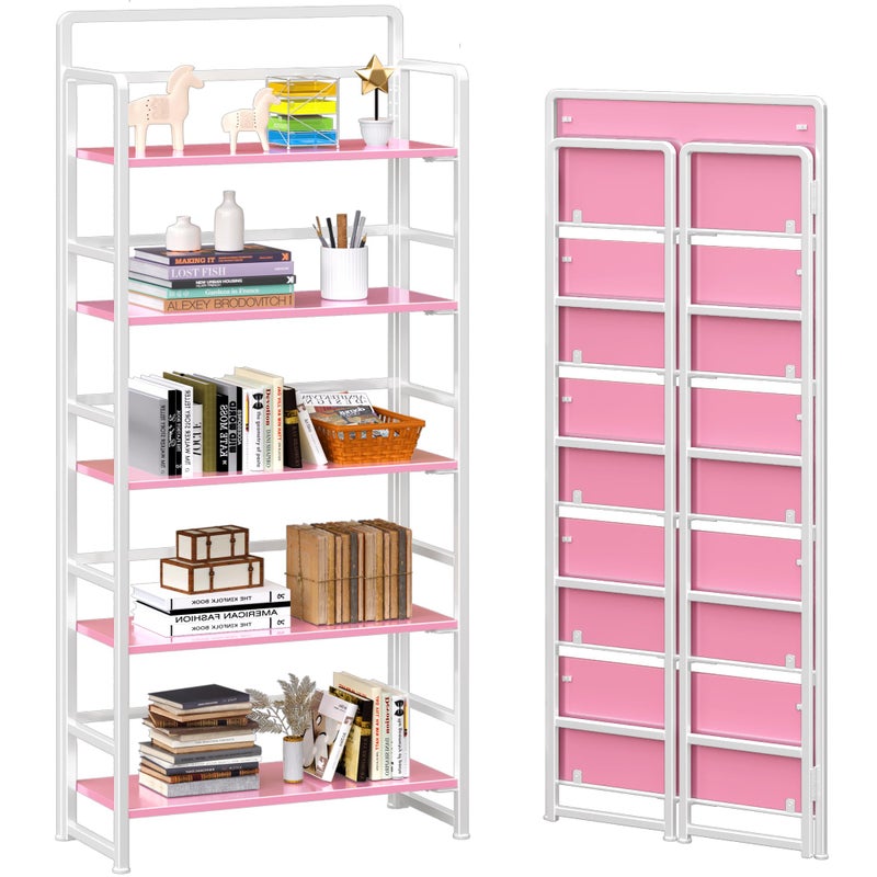 4NM No Assembly 5 Tiers Folding Bookshelf Storage Shelves Vintage Bookcase Standing Racks Study Organizer Home Office (Pink White) - Image 1