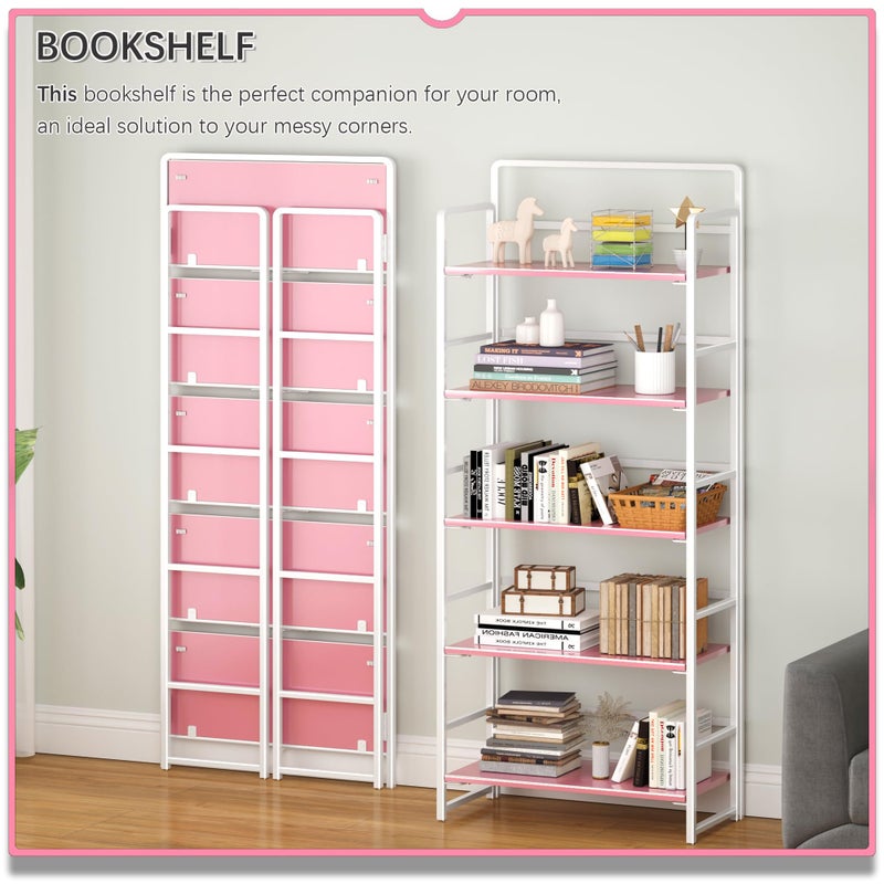 4NM No Assembly 5 Tiers Folding Bookshelf Storage Shelves Vintage Bookcase Standing Racks Study Organizer Home Office (Pink White) - Image 2