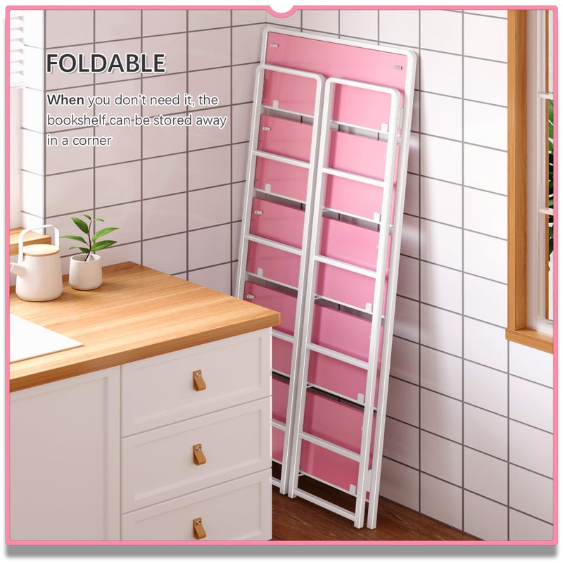 4NM No Assembly 5 Tiers Folding Bookshelf Storage Shelves Vintage Bookcase Standing Racks Study Organizer Home Office (Pink White) - Image 3