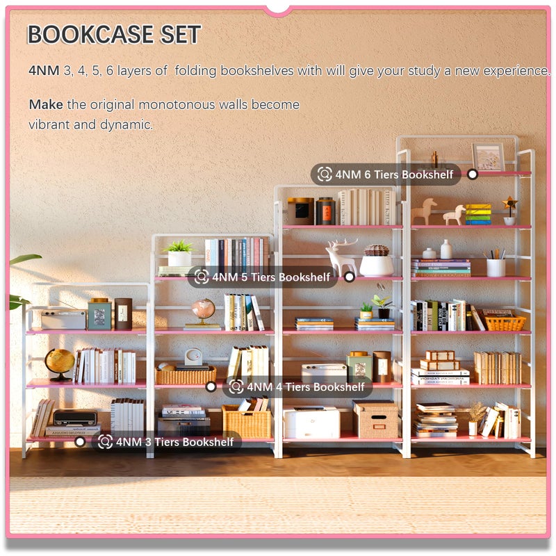 4NM No Assembly 5 Tiers Folding Bookshelf Storage Shelves Vintage Bookcase Standing Racks Study Organizer Home Office (Pink White) - Image 4