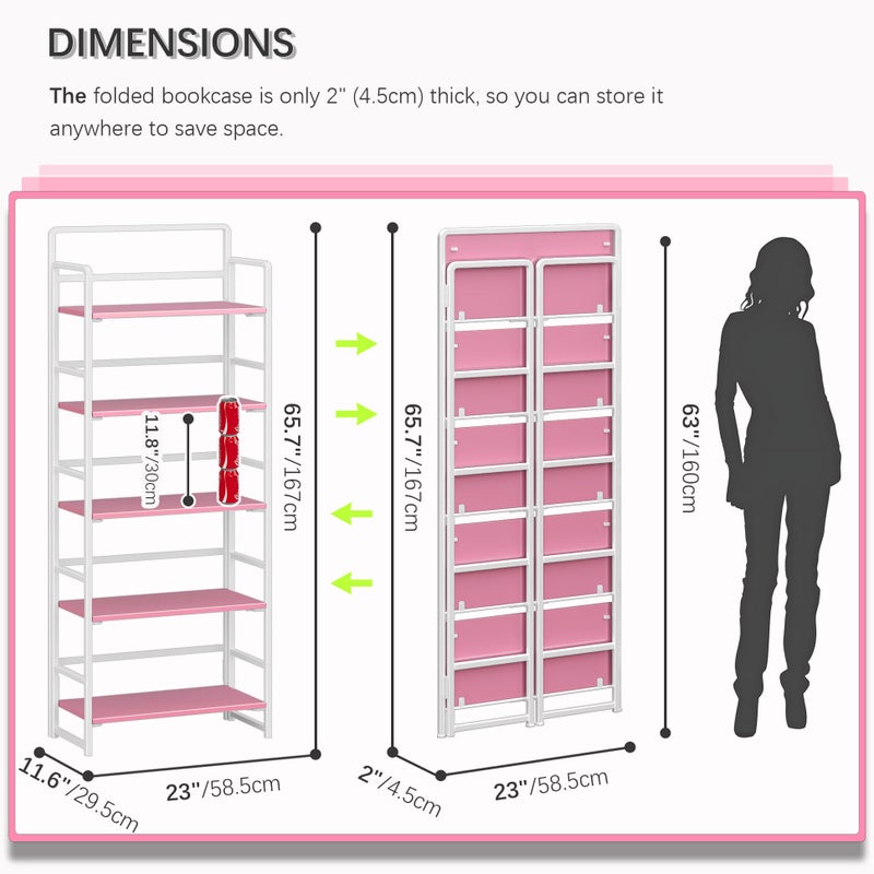 4NM No Assembly 5 Tiers Folding Bookshelf Storage Shelves Vintage Bookcase Standing Racks Study Organizer Home Office (Pink White) - Image 5