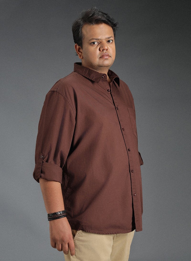Brown Regular Fit Shirt for Men, Full Sleeve, Spread Collar, Pure Cotton