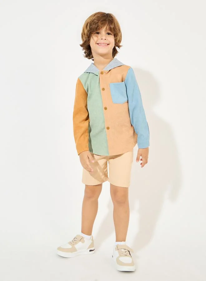 Styli Color Block Button Front Corduroy Hoodie