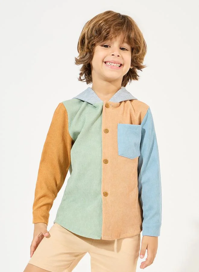 Styli Color Block Button Front Corduroy Hoodie