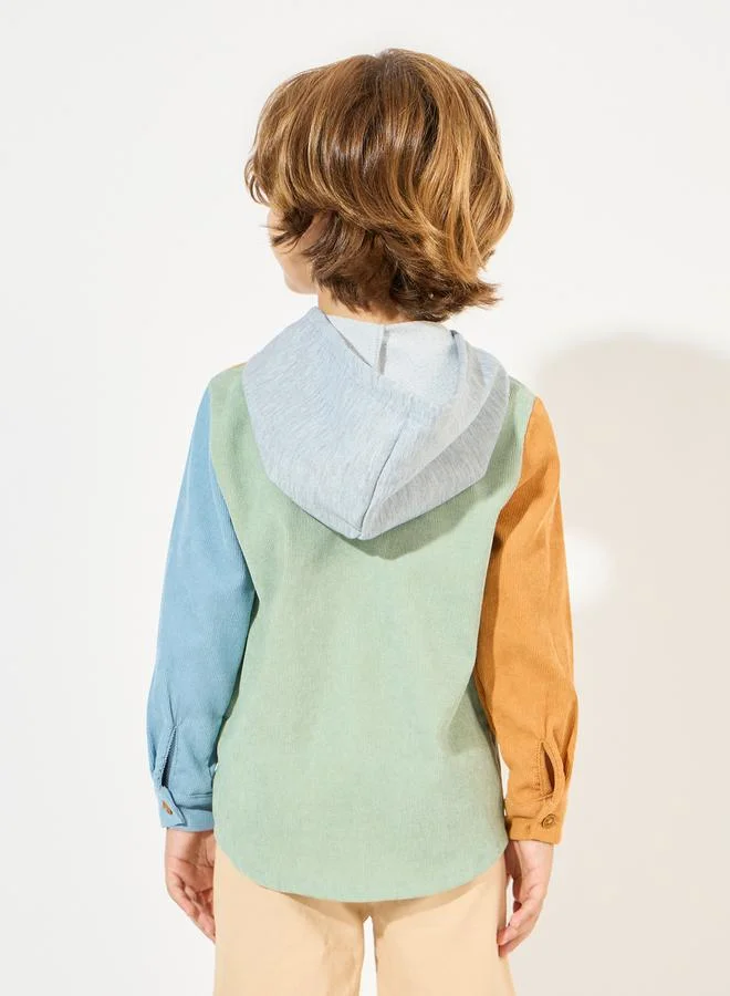 Styli Color Block Button Front Corduroy Hoodie