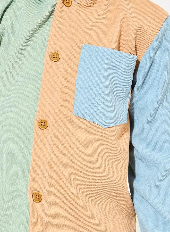 Styli Color Block Button Front Corduroy Hoodie