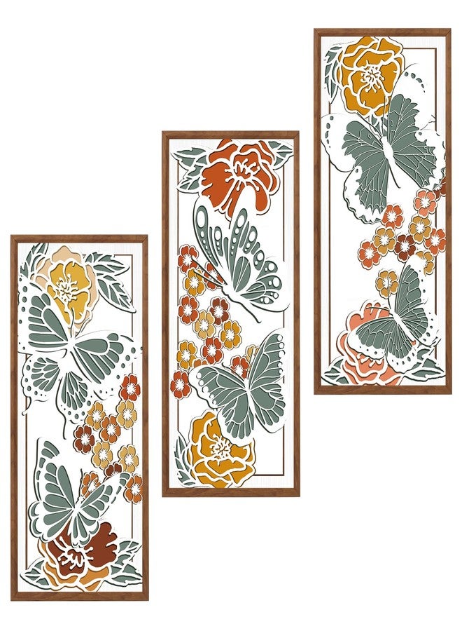 BINCUE Boho Floral Wood Wall Art Butterfly Wooden Artwork Minimalist Butterfly Wall Decor for Living Room Bedroom Bathroom 8x16 Inches Set of 3 - Image 1