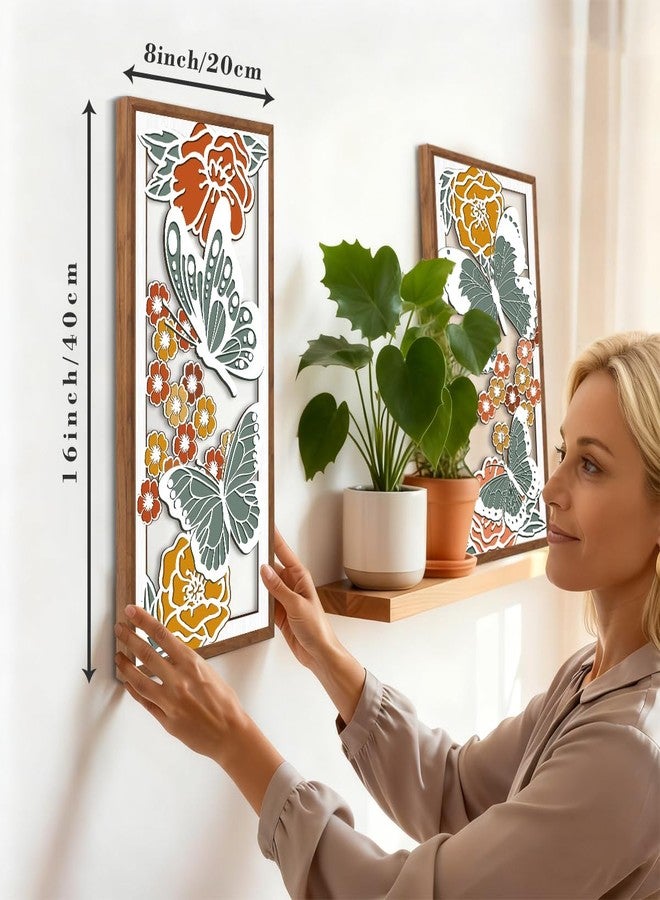 BINCUE Boho Floral Wood Wall Art Butterfly Wooden Artwork Minimalist Butterfly Wall Decor for Living Room Bedroom Bathroom 8x16 Inches Set of 3 - Image 2