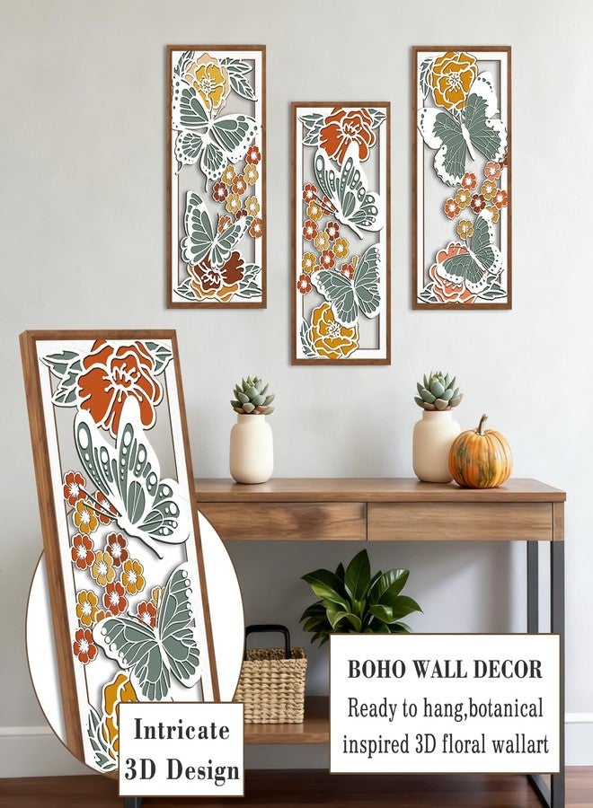 BINCUE Boho Floral Wood Wall Art Butterfly Wooden Artwork Minimalist Butterfly Wall Decor for Living Room Bedroom Bathroom 8x16 Inches Set of 3 - Image 3