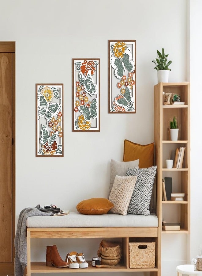 BINCUE Boho Floral Wood Wall Art Butterfly Wooden Artwork Minimalist Butterfly Wall Decor for Living Room Bedroom Bathroom 8x16 Inches Set of 3 - Image 4