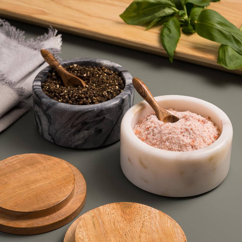 Cork & Mill Marble Salt and Pepper Bowls - Set of 2 Handcrafted White/Grey Solid Marble Salt and Pepper Cellars with Lids and Spoons - Elegant Containers for Countertop or Table - Image 4