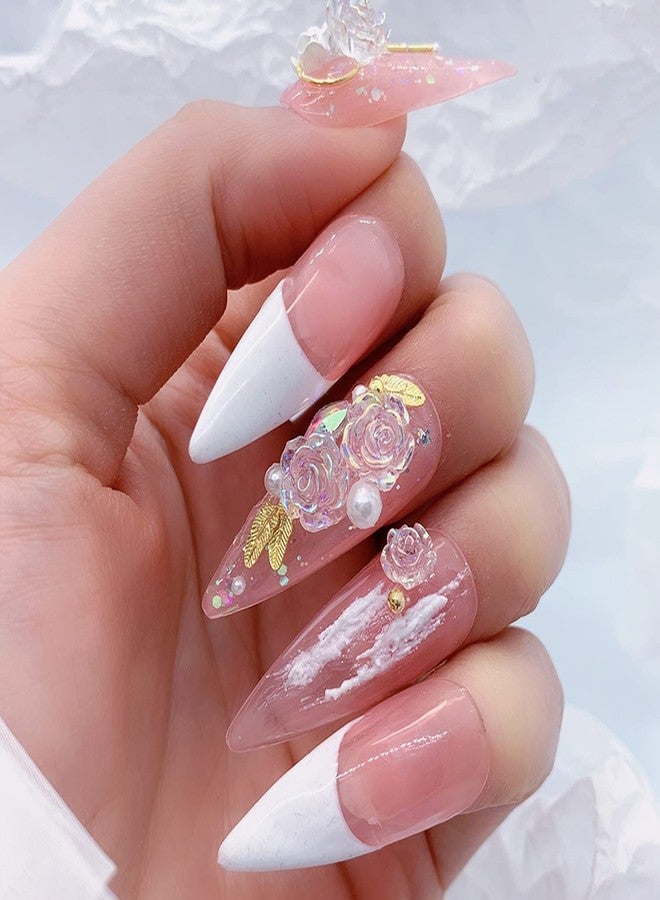 Vezocim White Flowers Nail Art Decorations, 5D Camellia Flower Nail Art Rhinestone, Floral Nail Glitter Jewels Gems Design for Nail Stickers Decals, Women Girls Manicure Acrylic Nails Supplies Resin Diamond - Image 3