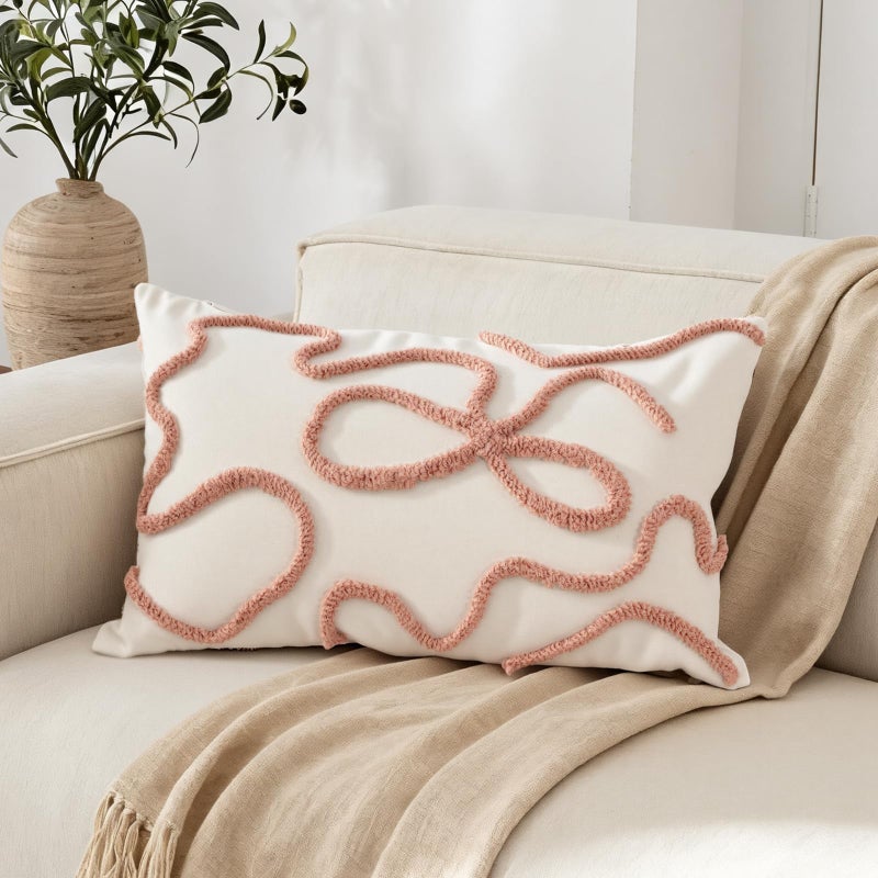 RinRinfam Pink Coquette Bow Throw Pillow Cover 12x 20, Boho Tufted Neutral Linen Pillow Cases Girls Bedroom Decor for Outdoor Couch Bedroom Car, Mauve - Image 1