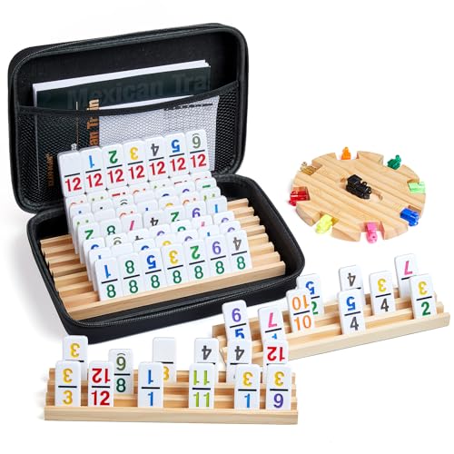 ELONGDI Mexican Train Dominoes Set with 4 Wooden TraysRacks and Portable Carrying CaseTravel Colorful Double 12 Dominoes  91 Numbered Tilesfor Kids and Adults - Image 1