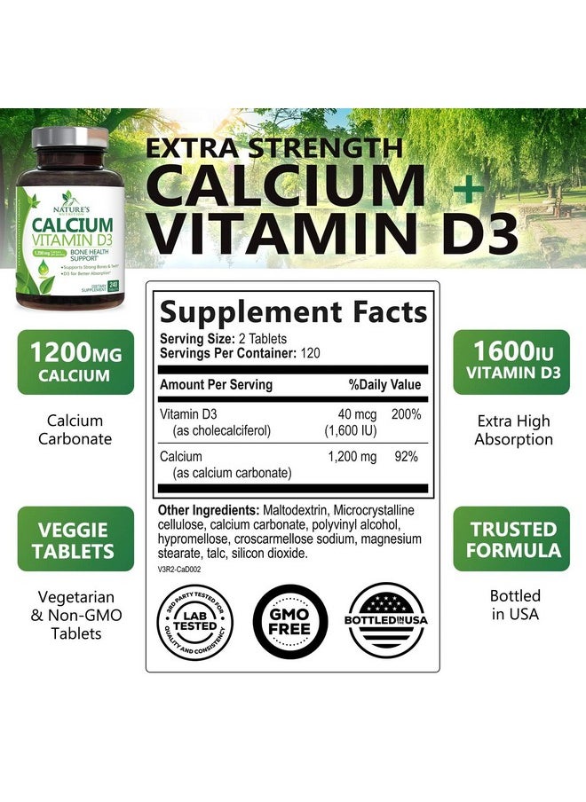 Nature's Nutrition - Calcium 1200 mg with Vitamin D3, Calcium Supplement Vitamins, Supports Bone Strength, Teeth & Immune System, Calcium Supplements for Women & Men, Nature's Absorbable Calcium Carbonate - 240 Tablets - Image 1