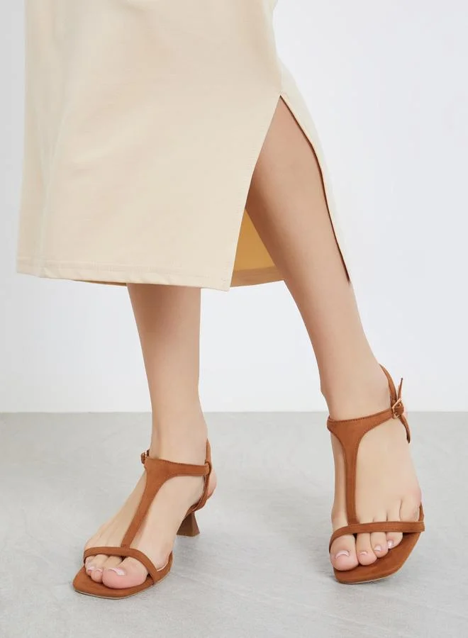 Styli Tan Women Tan T-Strap Sling Back Heel Sandals for Women | Best Price UAE