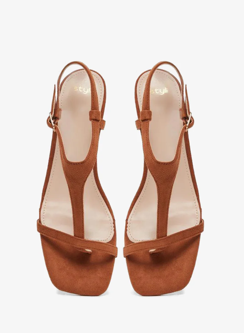 Styli Tan Women Tan T-Strap Sling Back Heel Sandals for Women | Best Price UAE