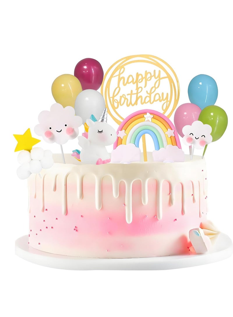 سيلكفكس كيك يونيكورن توبر ديكور كيك قوس قزح مع الكرات لوازم الحفلة لعيد ميلاد سعيد ، دش الطفل ، حفل الزفاف ، ديكور الكعكة للبنات الأولاد النساء - Image 1
