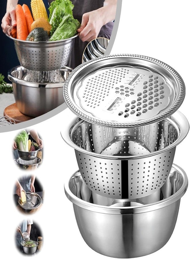 SKYLUME® Kitchen Multifunctional Stainless Steel 3 in 1 Colanders Basin Grater Strainer & Drain Basket Salad Maker Bowl Vegetable Fruits Washing Strainer Set (26cm) - Image 1