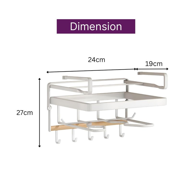 DecorTwist DecorTwist Multifunctional Kitchen Wall Organizer with Pot Lid Holder 5 Hooks SpaceSaving Utensil Hanger for Cooking Bathroom 24cm x 19cm x27cm White - Image 2