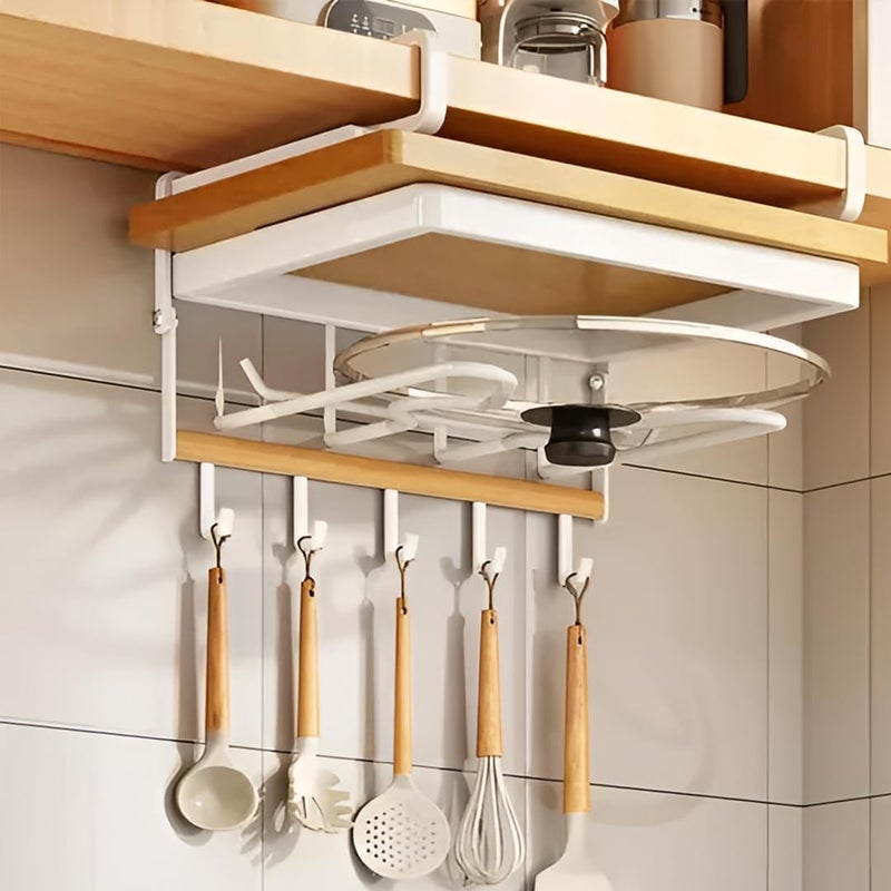 DecorTwist DecorTwist Multifunctional Kitchen Wall Organizer with Pot Lid Holder 5 Hooks SpaceSaving Utensil Hanger for Cooking Bathroom 24cm x 19cm x27cm White - Image 1