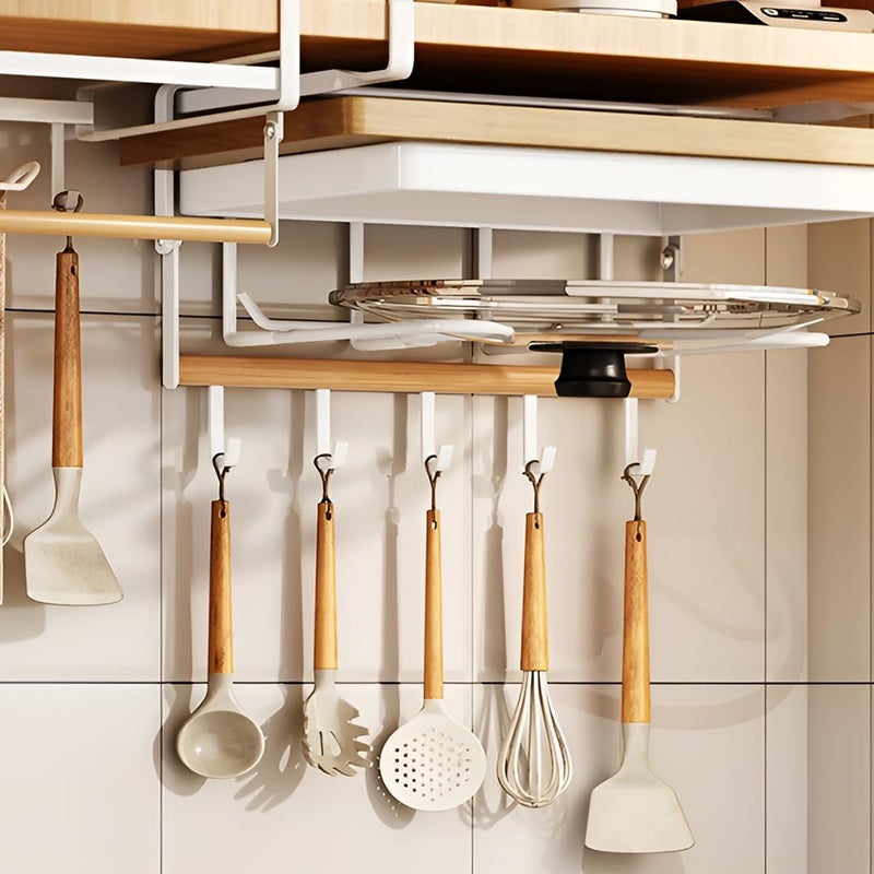 DecorTwist DecorTwist Multifunctional Kitchen Wall Organizer with Pot Lid Holder 5 Hooks SpaceSaving Utensil Hanger for Cooking Bathroom 24cm x 19cm x27cm White - Image 4
