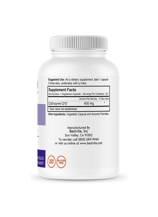 BESTVITE - Coenzyme Coq10 400Mg (120 Vegetarian Capsules) Naturally Fermented No Stearates Vegan Gluten Free Non Gmo - Image 1