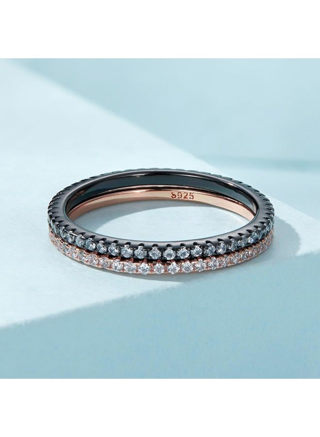 WOSTU 925 Sterling Silver Ring Eternity Cubic Zirconia Stackable Band Ring Tarnish Resistant Wedding Band for Women Men Multi Colors Statement Ring Comfort Fit Ring Gifts for 1.5mm Ring Size 10 Black - Image 4