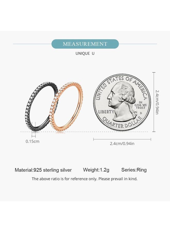 WOSTU 925 Sterling Silver Ring Eternity Cubic Zirconia Stackable Band Ring Tarnish Resistant Wedding Band for Women Men Multi Colors Statement Ring Comfort Fit Ring Gifts for 1.5mm Ring Size 10 Black - Image 5