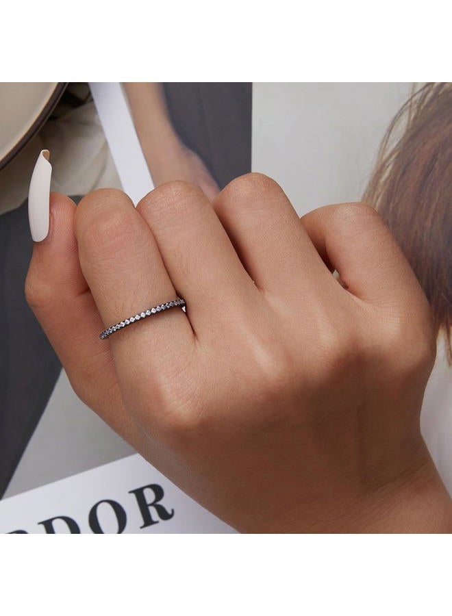WOSTU 925 Sterling Silver Ring Eternity Cubic Zirconia Stackable Band Ring Tarnish Resistant Wedding Band for Women Men Multi Colors Statement Ring Comfort Fit Ring Gifts for 1.5mm Ring Size 10 Black - Image 2
