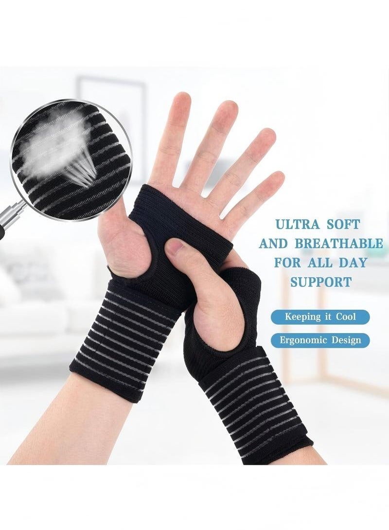 Wrist Brace, 2 Pack Elastic Wrist Support with Strap, Wrist Compression Wrap Adjustable Wrist Strap Relieves Wrist Pain, Tendonitis, Sports Use for Men and Women, Right & Lef(Black) - Image 3