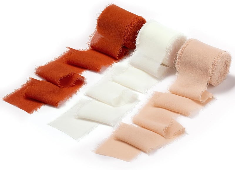Doris Home 2" x21Yd Chiffon Ribbon for Flower Bouquet, Orange & Cream Fabric Ribbon for Gift Wrapping, Handmade Frayed Ribbon for Wedding/Christmas Decorations - Image 1