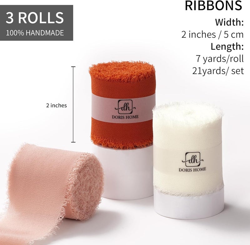 Doris Home 2" x21Yd Chiffon Ribbon for Flower Bouquet, Orange & Cream Fabric Ribbon for Gift Wrapping, Handmade Frayed Ribbon for Wedding/Christmas Decorations - Image 3
