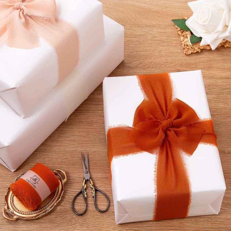 Doris Home 2" x21Yd Chiffon Ribbon for Flower Bouquet, Orange & Cream Fabric Ribbon for Gift Wrapping, Handmade Frayed Ribbon for Wedding/Christmas Decorations - Image 5