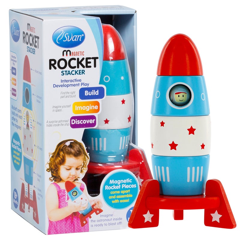 Svan Wooden Stacker Toy Space Rocket 6 Magnetic Stacking Pieces Magnet Building Set with Surprise Astronaut Inside Fun Hands On Game for Kids All Natural Wood Set Childrens Interactive Play Gift - Image 2