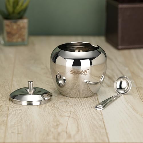 Sumeet Stainless Steel Apple Shape Ghee and Oil Pot, Storage Container with Spoon for Kitchen, 9cm Dia, 350ML - Silver (Pack of 1) - Image 5