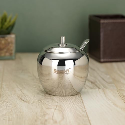 Sumeet Stainless Steel Apple Shape Ghee and Oil Pot, Storage Container with Spoon for Kitchen, 9cm Dia, 350ML - Silver (Pack of 1) - Image 1