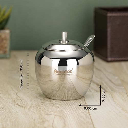 Sumeet Stainless Steel Apple Shape Ghee and Oil Pot, Storage Container with Spoon for Kitchen, 9cm Dia, 350ML - Silver (Pack of 1) - Image 4