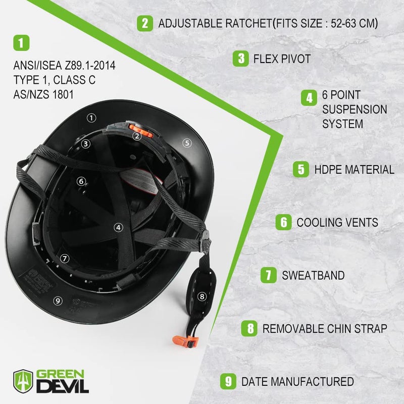 GREEN DEVIL Full Brim Hard Hat Vented Construction Safety Helmet OSHA Approved Cascos De Construccion Work Hardhats with Cooling Towel for Men&Women 6 Point Adjustable Ratchet Suspension - Image 4
