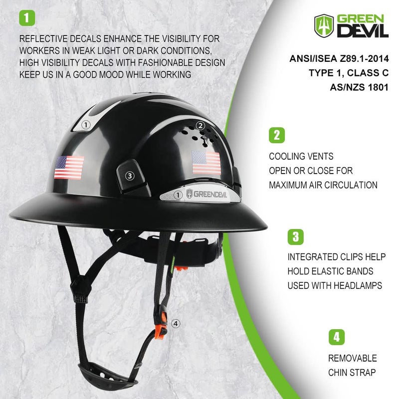 GREEN DEVIL Full Brim Hard Hat Vented Construction Safety Helmet OSHA Approved Cascos De Construccion Work Hardhats with Cooling Towel for Men&Women 6 Point Adjustable Ratchet Suspension - Image 3