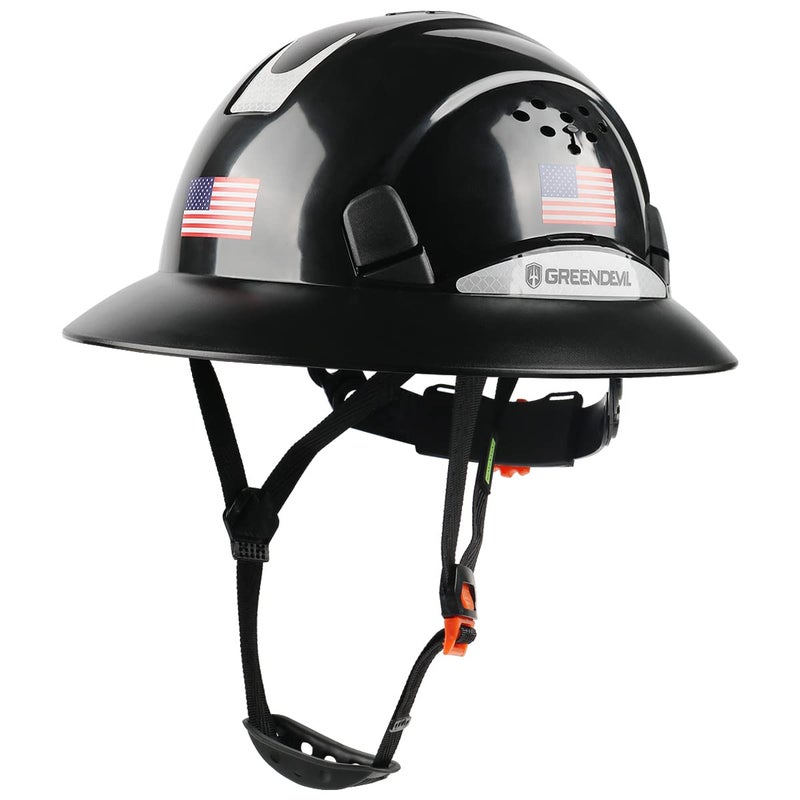 GREEN DEVIL Full Brim Hard Hat Vented Construction Safety Helmet OSHA Approved Cascos De Construccion Work Hardhats with Cooling Towel for Men&Women 6 Point Adjustable Ratchet Suspension - Image 1