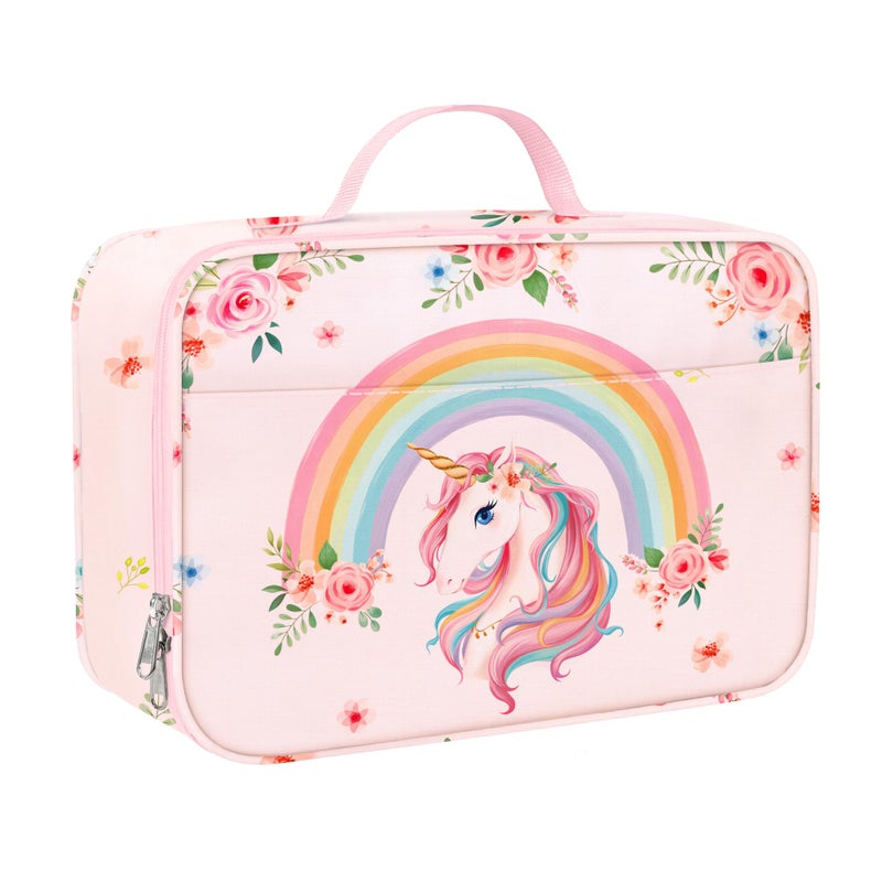 Clastyle Pink Rainbow Unicorn Insulated Lunch Bag for Kids Girl Cute Flowers Portable Large Thermal Cooler Lunch Box Bag for School