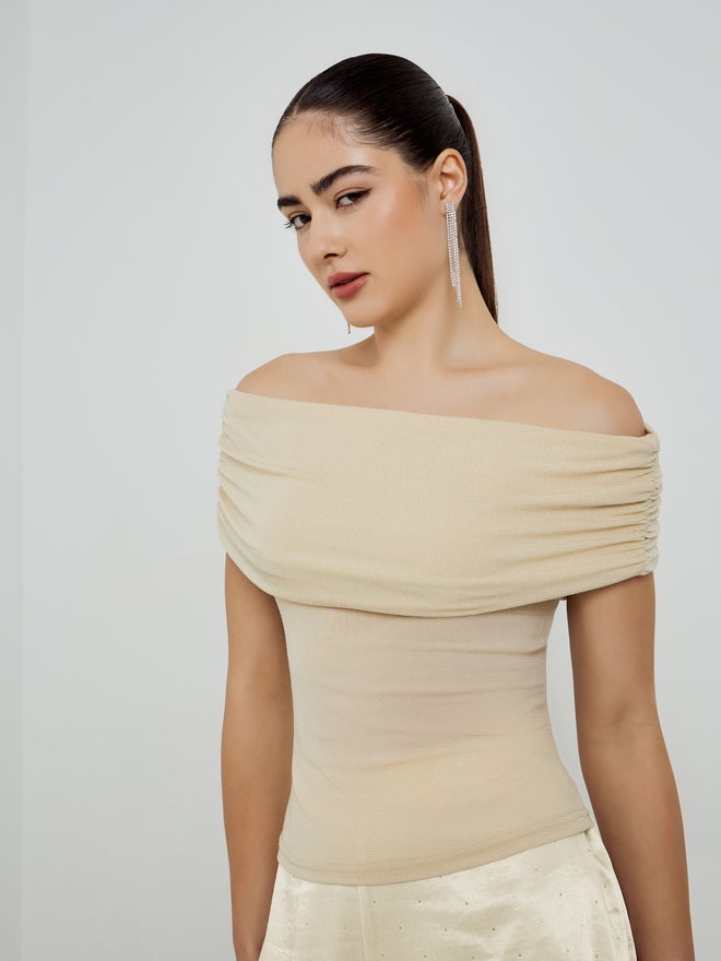 Styli Off-White Ruched Off-Shoulder Knit Top - Image 1